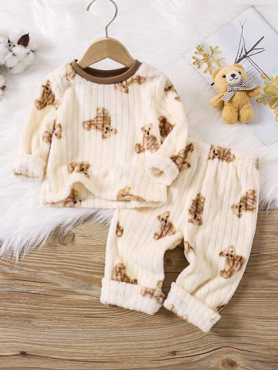 SHEIN Conjunto de 2 peças de pijama para meninos com estampa de urso fofo, gola redonda, manga comprida, blusa e calça de pijama de lã coral macia, outono/inverno