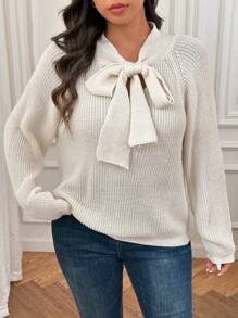SHEIN Frenchy Plus Size Women's Casual Fashion Bowknot Collar Design Sweater, For Winter - Apricot - View 1