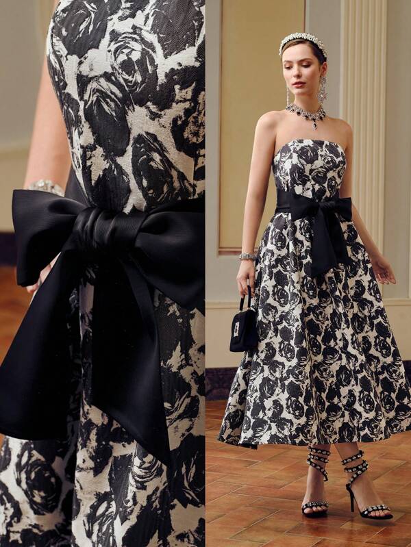 ZEYLAH ALLOVER FLORAL PRINT BOW WAIST TUBE LONG DRESS