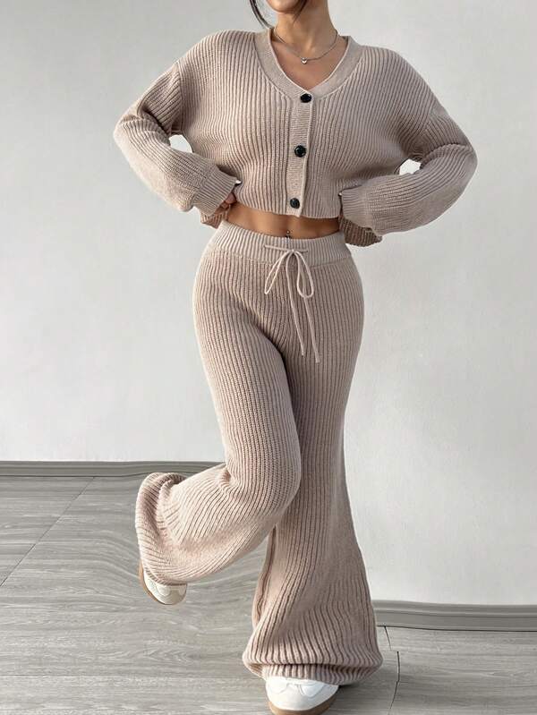 SHEIN PETITE Autumn And Winter Women's Casual Solid Color Long Sleeves Knitwear Cardigan Two Pieces Set