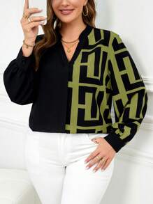 SHEIN Clasi Blusa elegante de manga larga con cuello con muesca, estampado geométrico y contraste de colores para tallas grandes