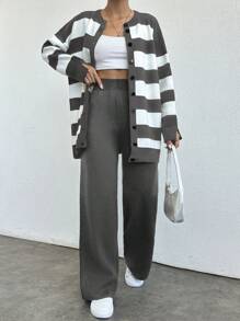 SHEIN PETITE Damski kardigan w paski z guzikami z przodu i dzianinowe spodnie z szerokimi nogawkami