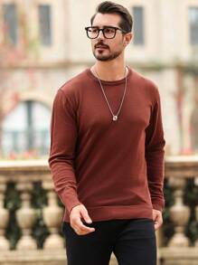 Manfinity Homme Áo len cổ tròn màu trơn thường ngày cho nam, Thu/Đông - Rỉ Nâu - Xem 4