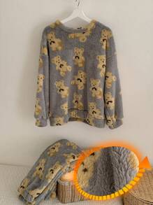 DAZY Cute Bear Pattern Flannel Thicken Pajama Set For Winter,Thermal Lined