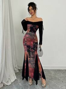 Elenzga Women Elegant Dark-Toned Stretch Mesh Floral Patchwork Off Shoulder Drawstring Asymmetrical Fishtail Dress Maxi Women Outfit - Black - View 1