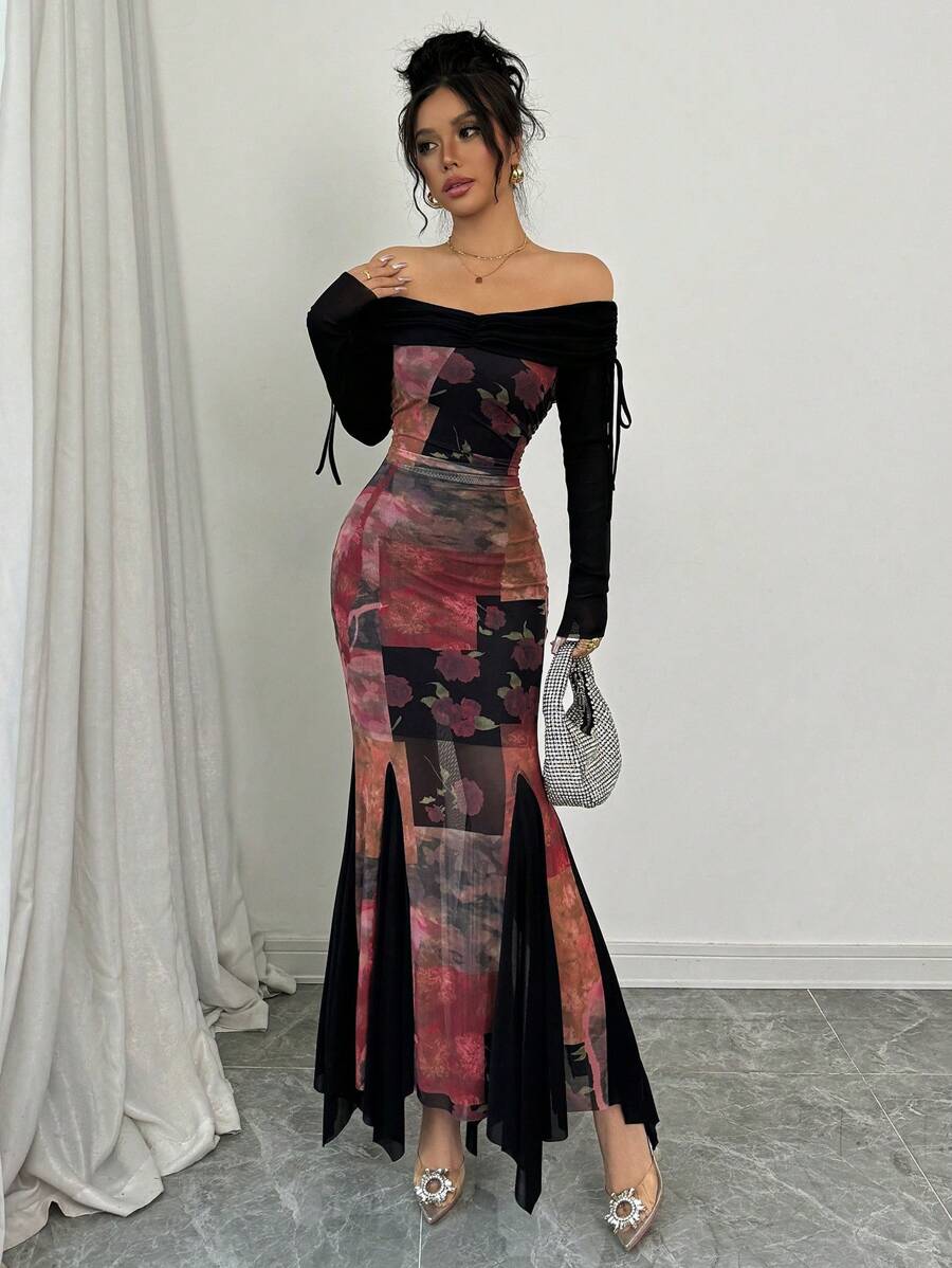 Elenzga Women Elegant Dark-Toned Stretch Mesh Floral Patchwork Off Shoulder Drawstring Asymmetrical Fishtail Dress Maxi Women Outfit - Black - View 1