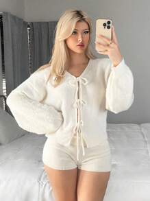 SHEIN Sweetina 女士纯色前系带长袖休闲上衣 - 白色 - 查看 1