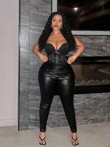 Slaydiva Elegant & Party & Gathering & Concert Black Color Pu Coated Splice Mesh Diamond Pattern Flocked Fabric Long Style Women Plus Size Leggings, Spring Autumn, For Winter - Black - View 5