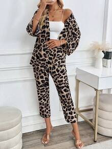 SHEIN LUNE Bộ 2 chiếc/Bộ áo khoác kimono dài tay họa tiết da báo thường ngày cho nữ và quần, Xuân/Thu - Nhiều màu - Xem 4