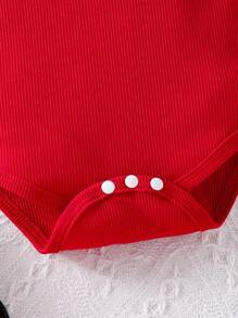 2pcs Infant Baby Girls Ruffled Floral Long Sleeve Bodysuit & Overalls Dress Set With Matching Bow Hairband, Autumn - Red - View 5