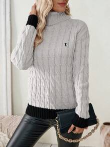 Calvaya Suéter de cuello alto casual y versátil de manga larga con patrón de giro y bloques de color, tejido de punto para otoño e invierno - Gris - Ver 6