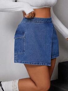 SHEIN ICON Plus Size Casual Washed Asymmetric Utility Denim Skirt