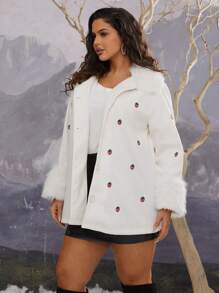 SHEIN VCAY Plus Size White Fluffy Strawberry Embroidery Casual Coat With Fluffy Trim, For Winter - White - View 3