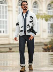 Manfinity Homme Men's Tree Pattern Long Sleeve Single Breasted Casual Cardigan, Autumn/Winter - Multicolor - View 6