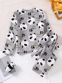 青少年男童灰色简约可爱熊猫印花毛绒保暖长袖长裤两件套睡衣套装，青少年 - 灰色 - 查看 2