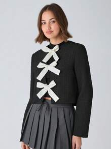 Enchnt Women's Round Neck Long Sleeve Casual Jacket With Front Tie Decoration, Minimalist Style - Black - View 5