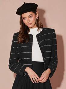 Enchnt Women's Striped Print Elegant Commuter Long Sleeve Jacket