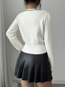 Chiquease Apricot V-Neck Drawstring Casual Long Sleeve Pullover Sweater, Knit Pullover Fall Winter - Apricot - View 2