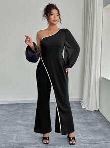 SHEIN Unity Plus Size Women's Autumn Ruffled One Shoulder Lantern Sleeve Elegant Jumpsuit - Black - View 7