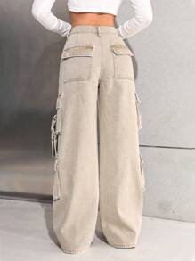 SHEIN 少女 Y2K 时尚卡其色高腰宽松阔腿工装牛仔裤，配有实用口袋，百搭风格，少女冬季街头装