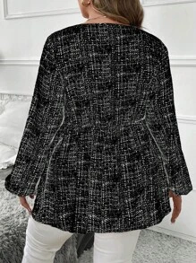 SHEIN Clasi 大码秋季休闲全印花灯笼袖收腰衬衫 - 黑色 - 查看 2