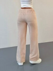 Aloruh Quần dài ống rộng dệt kim đơn sắc cạp rút cho nữ - Màu be - Xem 2