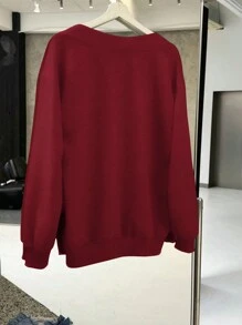 SHEIN CURVE+ Sudadera de manga larga casual y versátil, de cuello en V rojo, para talla grande, para invierno