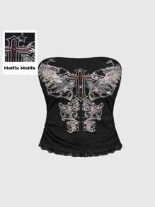 ROMWE Goth Y2K Studded Cross Wing & Vine Print Cropped Halter Tank Top For Women, Black
