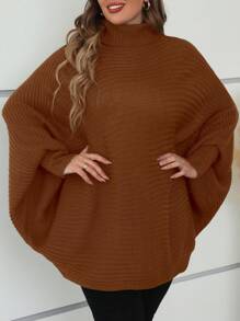 Mulvari Plus Size Women Casual Solid High Collar Batwing Sleeve Plus Size Pullover Sweater, Suitable For Autumn/Winter - Coffee Brown - View 5