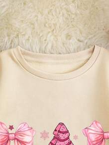 INAWLY Plus Size Women's Crew Neck Christmas Sweatshirt With Bowknot & Christmas Tree Print, For Winter Pullover Fall - Apricot - View 4