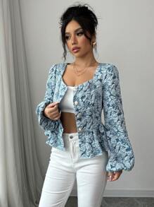 Selianne Women Elegant Jacquard Sweetheart Neck Lantern Sleeve Peplum Top, Spring/Autumn Peplum Top Fall Cloth For Women