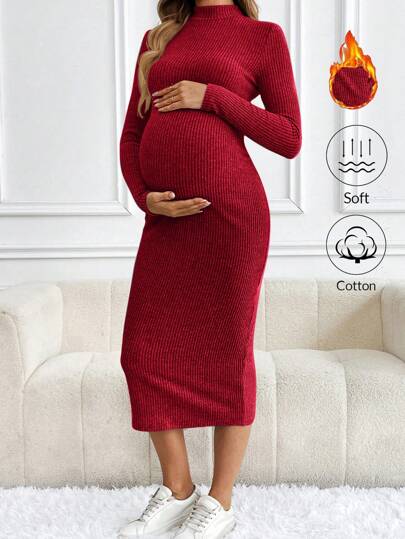 SHEIN Maternity Solid Color Ribbed Crew Neck Long Sleeve Dress, Elegant For Autumn And Winter, Fall Clothes