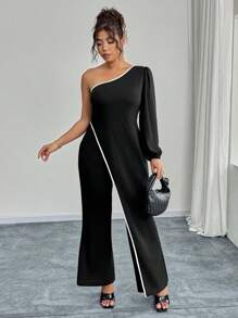 SHEIN Unity Plus Size Women's Autumn Ruffled One Shoulder Lantern Sleeve Elegant Jumpsuit - Black - View 5