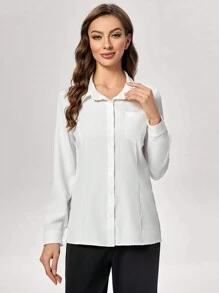 TaskEZ Women's Solid Color Button-Up Long Sleeve Work Blouse With Pocket