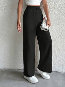 EURMUSE Solid Color Drawstring Knit Casual Straight Leg Pants ,Petite Women - Black - View 3
