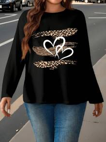 EMERY ROSE 休闲简约大码女式秋冬圆领黑色爱心豹纹长袖 T 恤 - 白色 - 查看 3