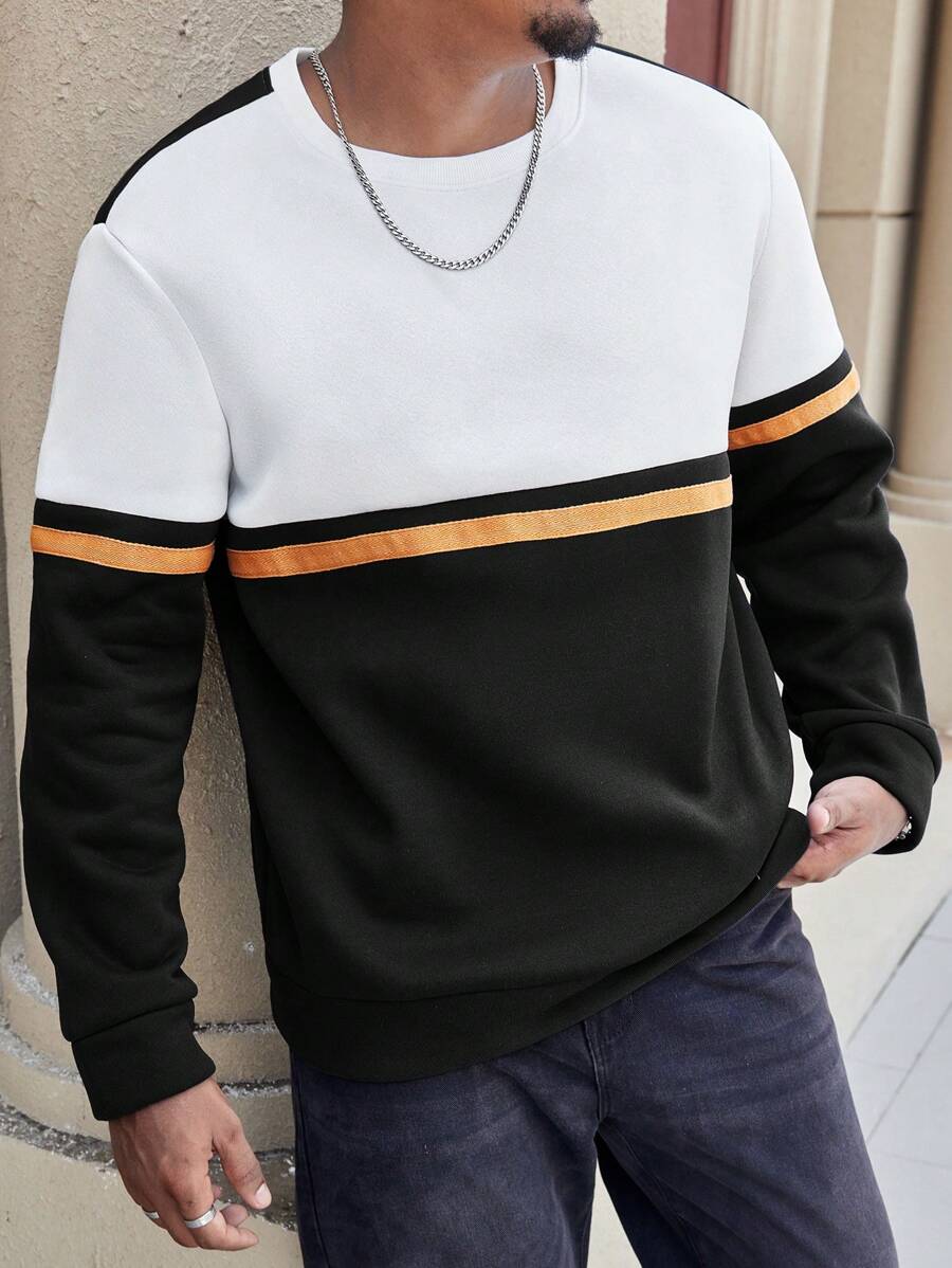 Manfinity Homme Plus Size Men's Contrast Color Round Neck Casual Pullover Sweatshirt - Black - View 1