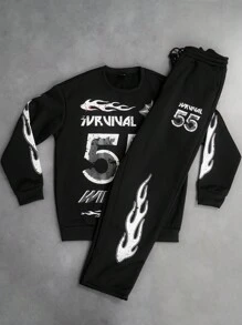 Manfinity EMRG 2pcs Men Casual Street Style Letter Flame Print Hoodie And Loose Fit Pants Set - Black - View 6