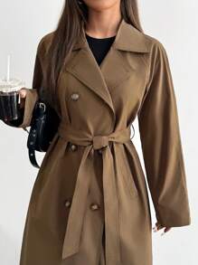 SHEIN EZwear Autumn/Winter New Brown Lapel Double-Breasted Long Women's Trench Coat