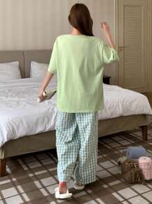 DAZY Set Of Round Neck T-Shirt Top And Plaid Pants Casual Loungewear Pajama
