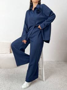 Mulvari 2pcs Women Solid Color Front Button Floral Applique Long Sleeve Top And Pants Casual Suit