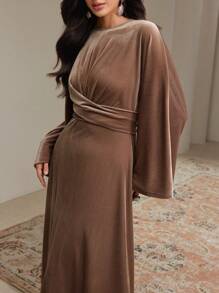 Veilorie Women Solid Color Round Neck Batwing Sleeve Elegant Dress With Waist Cross Details Modest