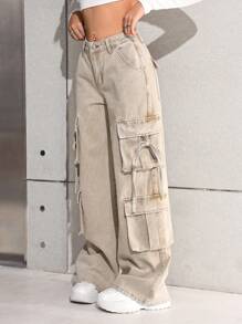 SHEIN 少女 Y2K 时尚卡其色高腰宽松阔腿工装牛仔裤，配有实用口袋，百搭风格，少女冬季街头装