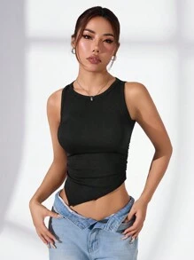 Eassivo Eassivo Top deportivo sin costuras de unicolor, elástico y con bajo asimétrico - Negro - Ver 4