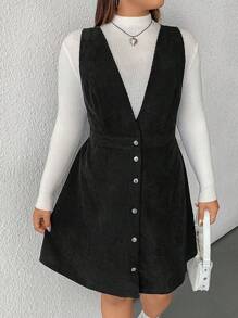 SHEIN EZwear Plus Size Solid Color Sleeveless Front Button Casual Dress, Autumn/Winter