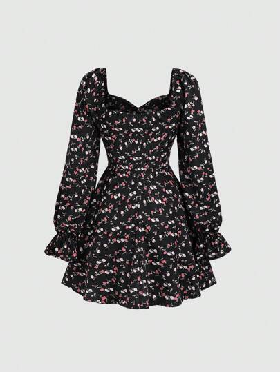 Sweetra Vestido casual con cuello de volantes, estampado floral diminuto y detalles en forma de diamante, otoño