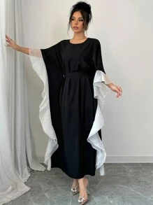 Rafferiza Women's Round Neck Long Sleeve Loose Spliced Organza Ruffled Hem Colorblock Cinched Waist Elegant Long Casual Dress Maxi Women Outfit