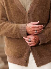 Manfinity Homme Men's Casual Brown Sweater Fluffy Cardigan, Autumn/Winter - Brown - View 3