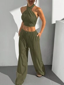 SHEIN EZwear Women Solid Crossover Cropped Top And Pants 2 Pieces Set, Casual Outfit