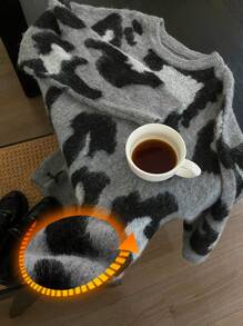 DAZY 宽松休闲豹纹女式圆领长袖针织衫，秋冬季保暖内衬 - 灰色 - 查看 1